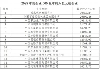 ​2025中国企业500强发布：国家电网营收最高，华为研发投入最大，北京入围企业